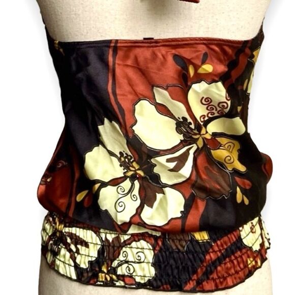 Green Apple Halter floral print self knot neck silky top blouse size Small - Picture 8 of 9